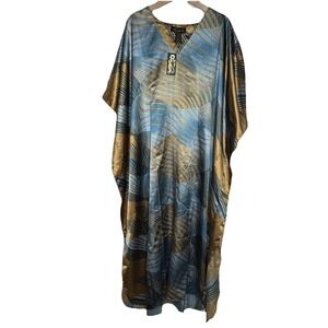 Up2date Fashion Kaftan Satin Solar Vortec Gold Teal Print Sripes V-Neck One Size